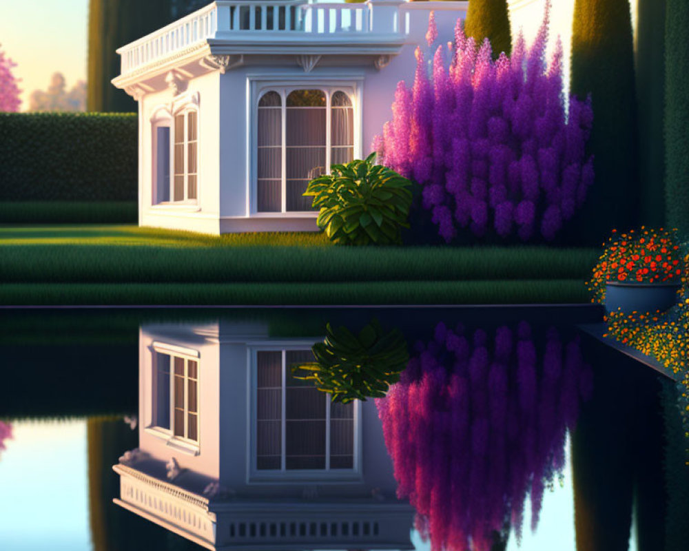 Tranquil white house surrounded by lush greenery and purple shrubs at dusk