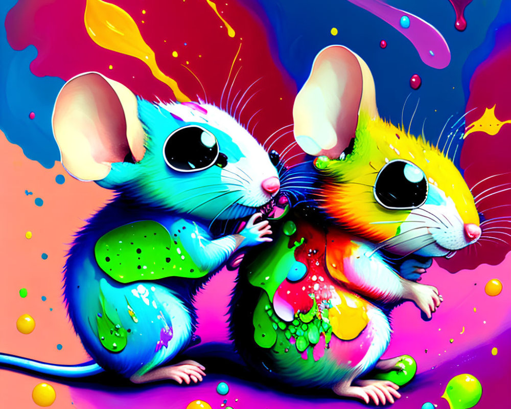 Colorful Cartoon Mice Splattered with Paint on Abstract Background