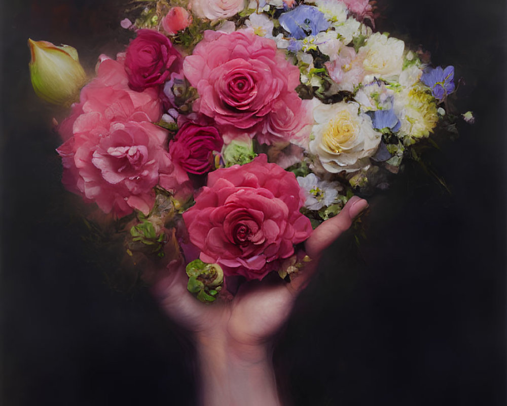 Human hand holding vibrant bouquet of flowers on dark background