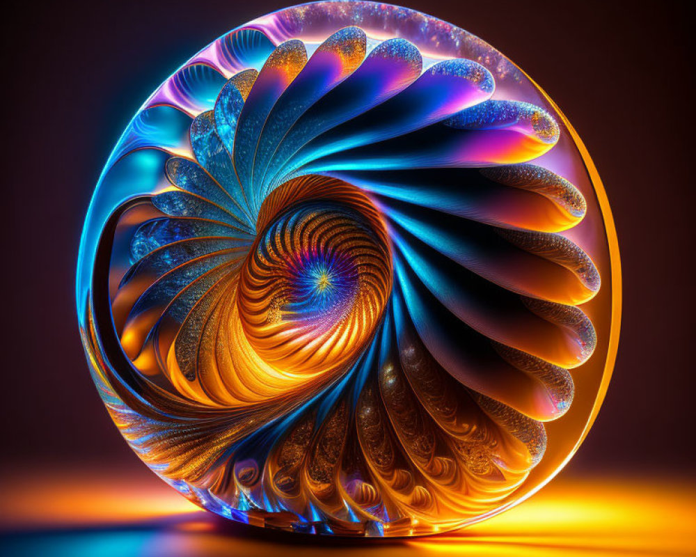 Colorful 3D fractal sphere in blue and orange on reflective dark background