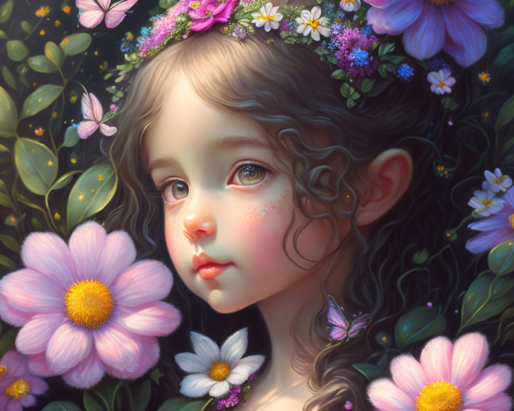 Young girl with floral wreath and butterflies in pink flower setting.