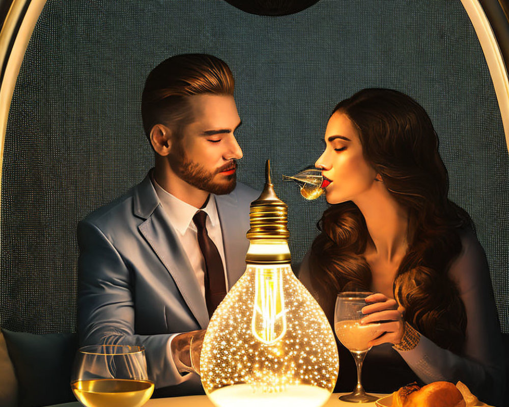 Romantic couple dining under glowing bulb with wine and bread