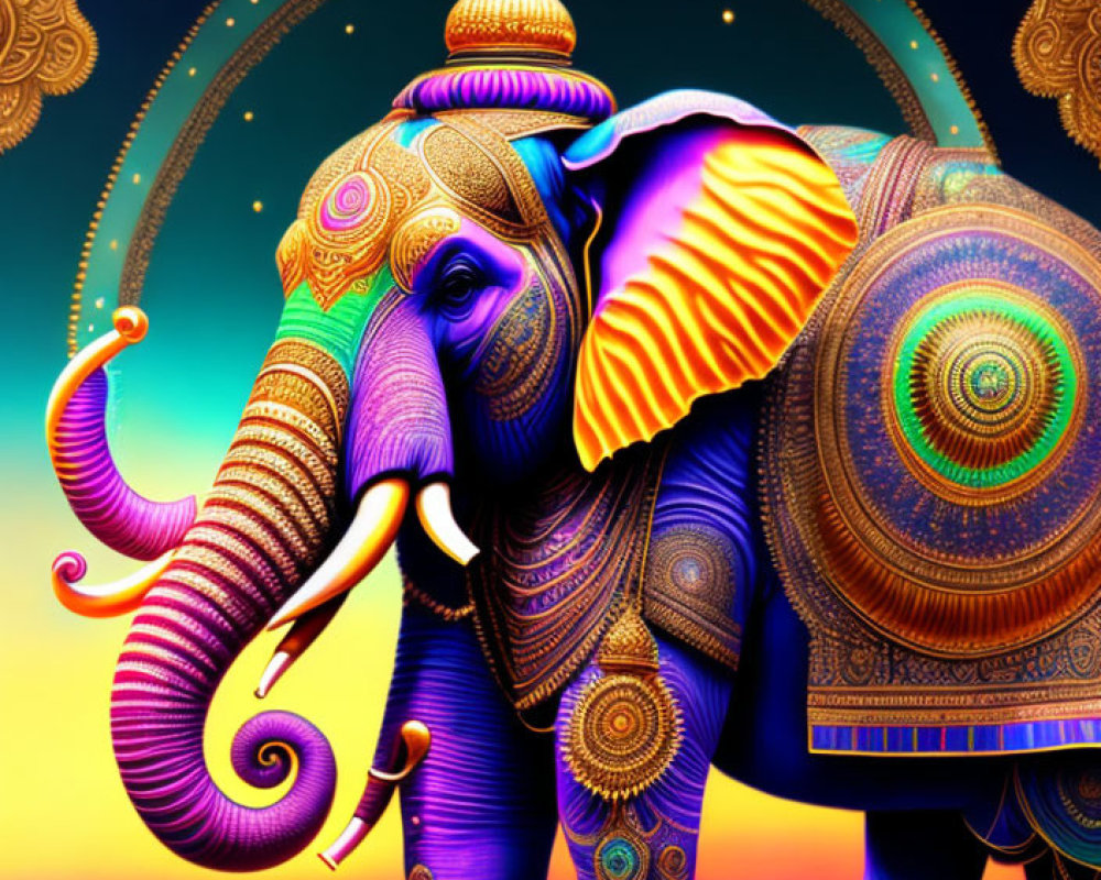 Colorful Elephant Illustration with Intricate Patterns on Twilight Sky