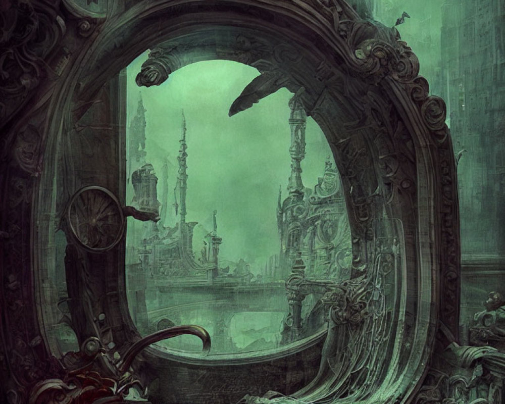 Circular Frame Encloses Haunting Green Gothic City View