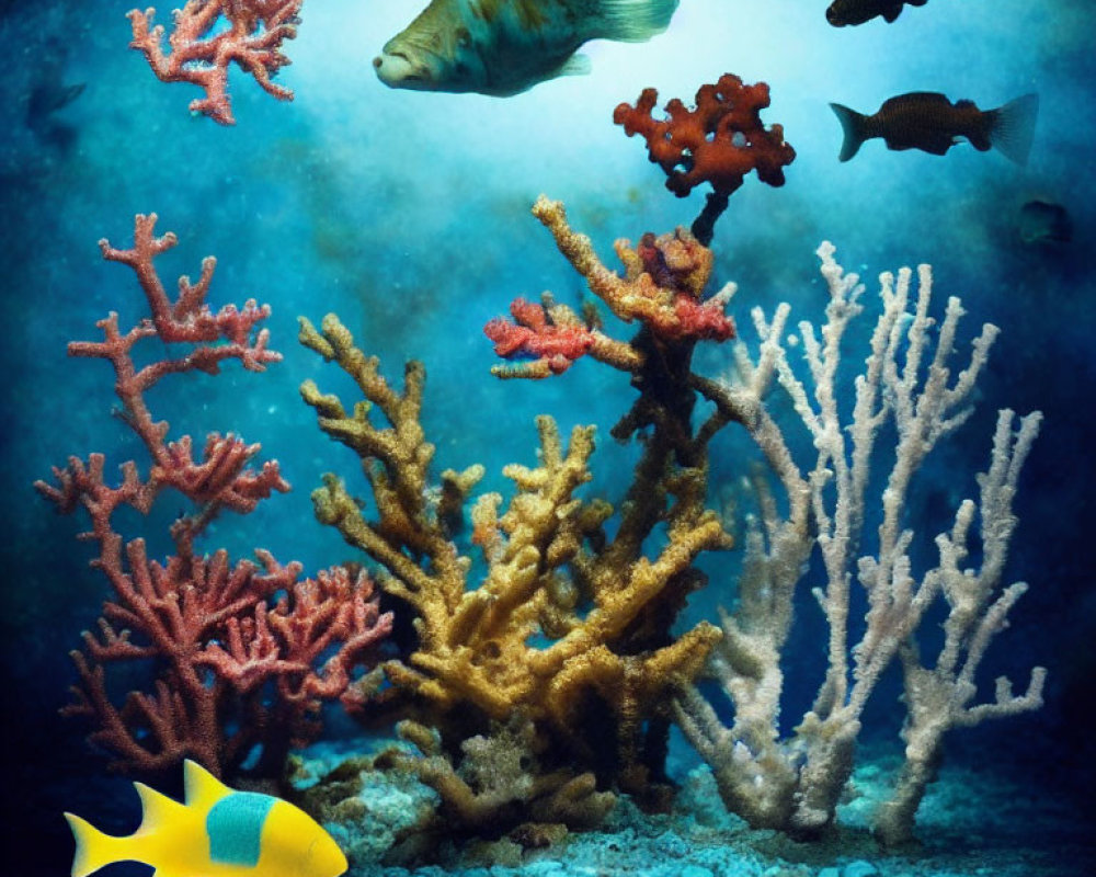 Vibrant coral reef with diverse fish and yellow fish in blue water