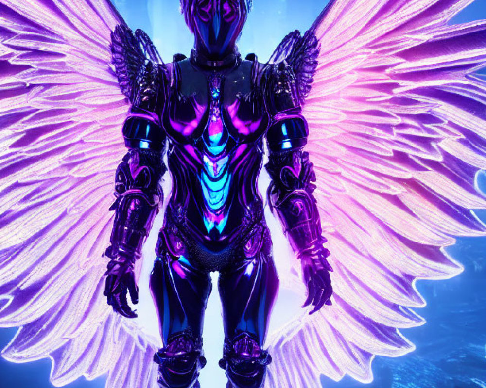 Futuristic armored figure with glowing pink wings in neon blue setting