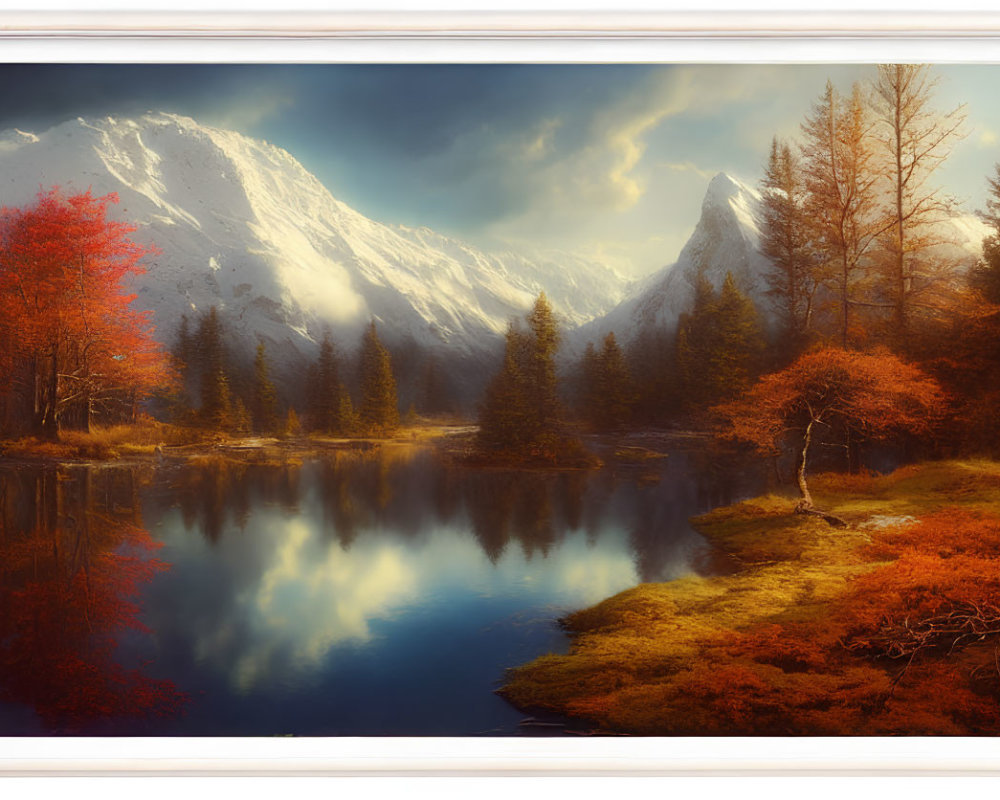 Tranquil lake reflects snow-covered mountains and colorful autumn trees under dramatic sky