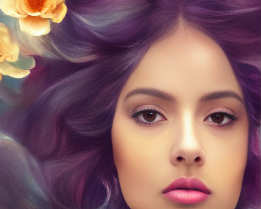 Surreal portrait of woman with purple hair in floral backdrop