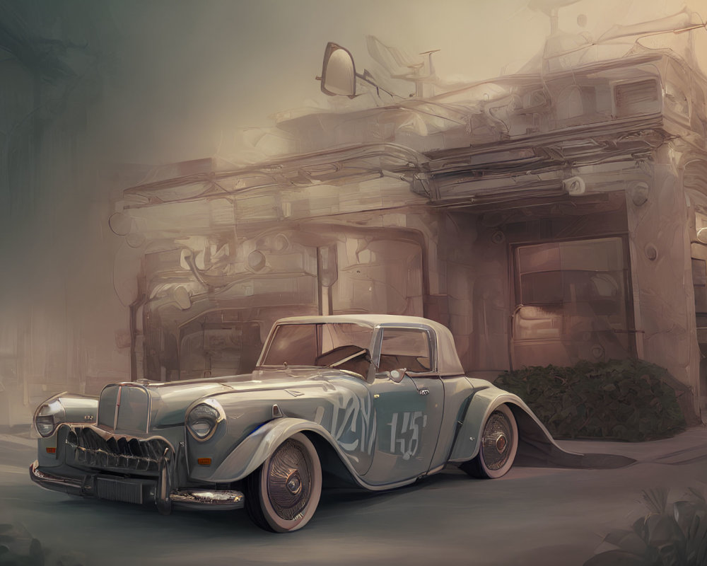 Vintage Car with Racing Numbers in Foggy Post-Apocalyptic Landscape