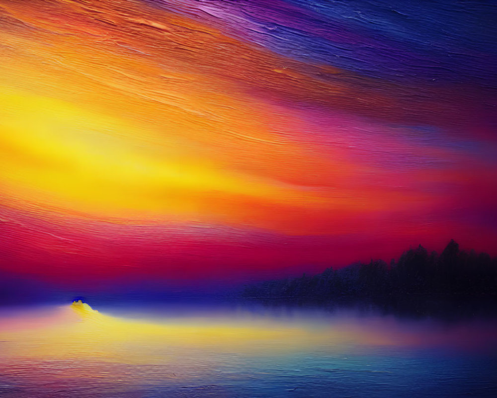 Colorful sunset painting with boat silhouette and water reflection