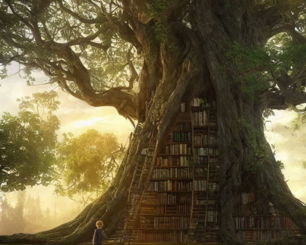 Child standing by ancient tree with book shelves and ladder in mystical forest