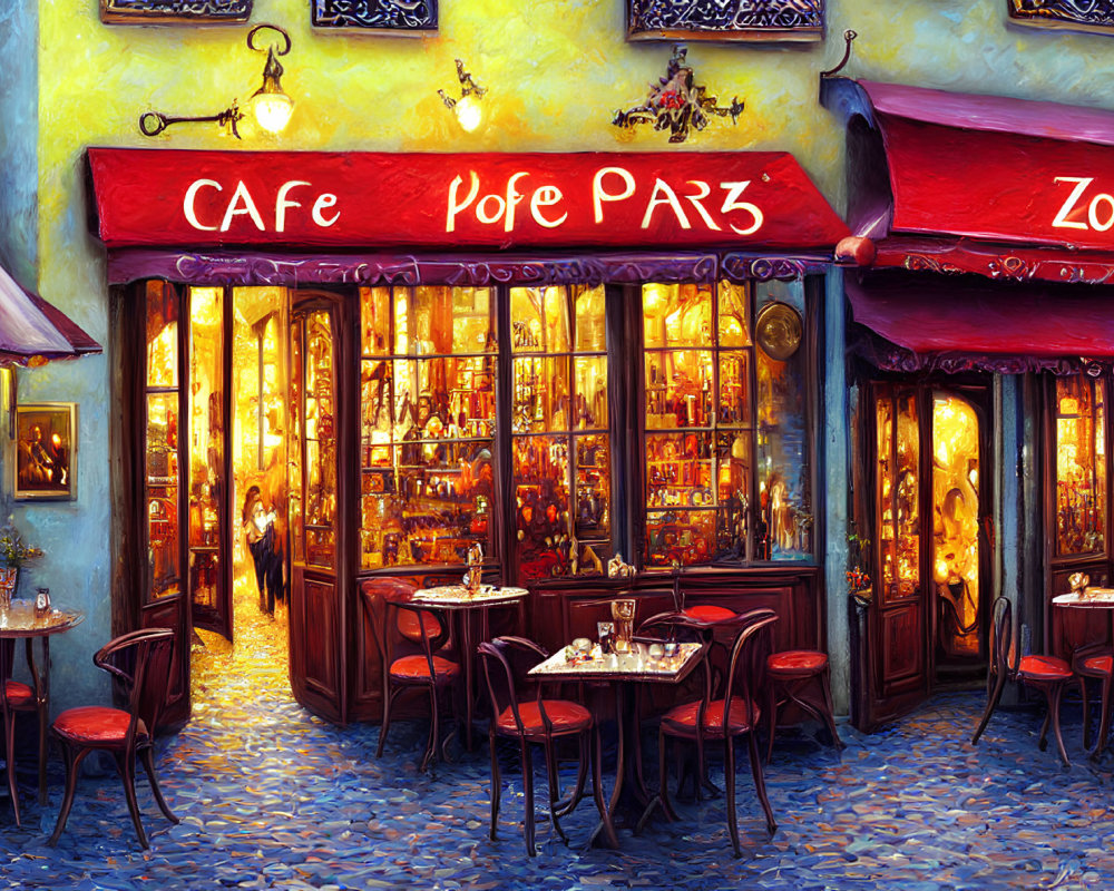 Cozy Parisian Cafe with Outdoor Seating and Blue Cobblestone Street