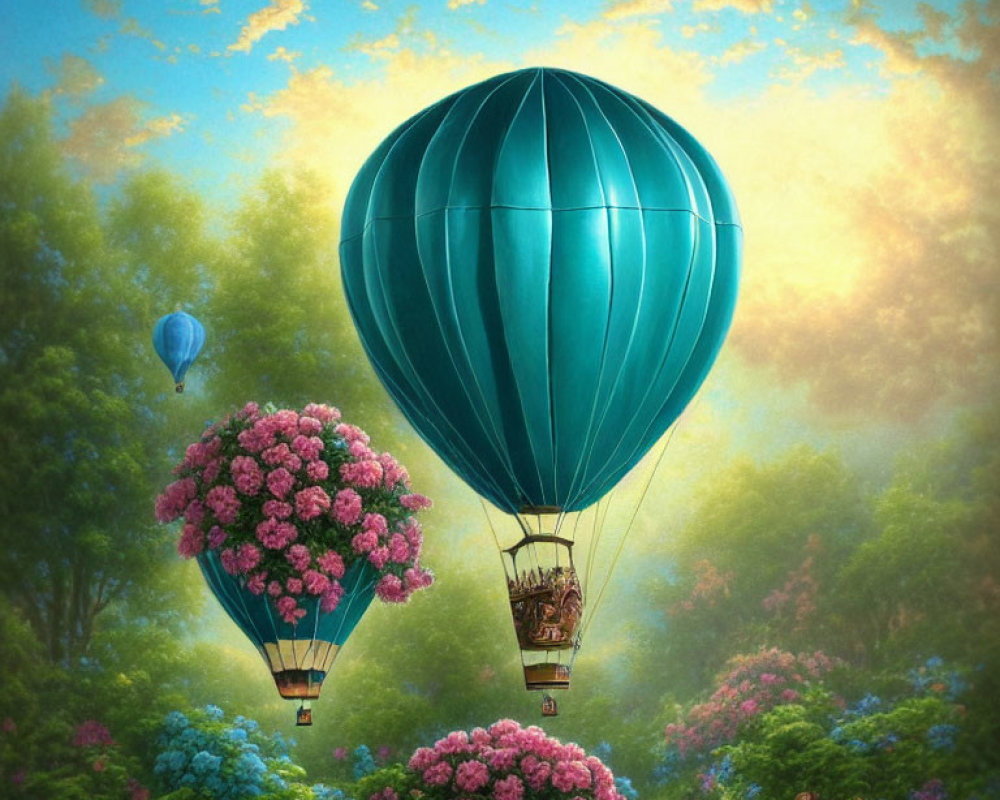 Vibrant hot air balloons over lush pink flower landscape