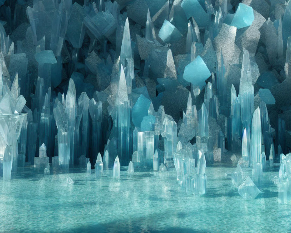 Mystical Crystal Cave with Blue Crystals in Turquoise Waters