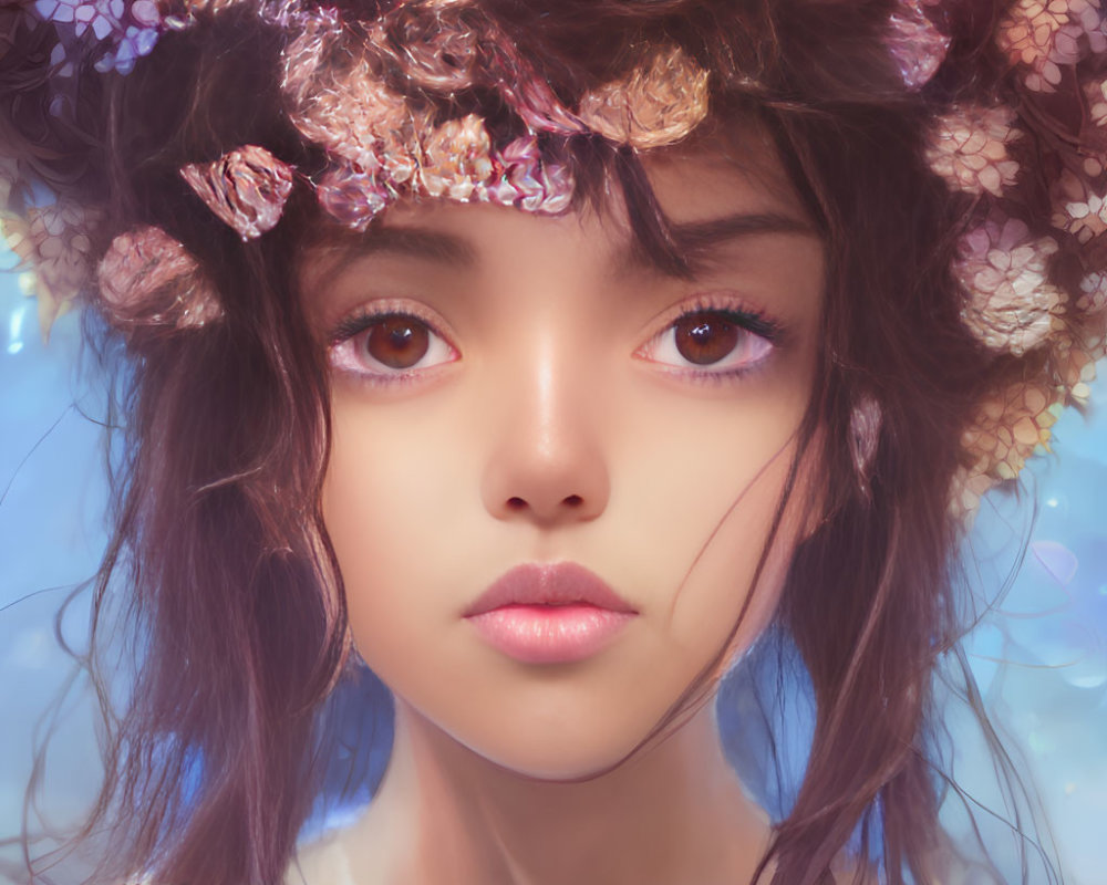 Digital artwork: Girl with expressive eyes and floral crown on soft-focus background