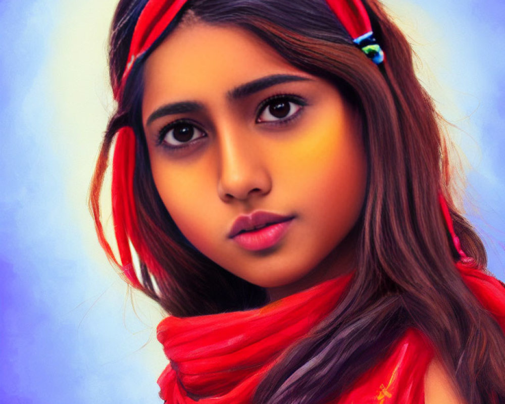 Young woman with striking eyes in red headband and scarf on blue background