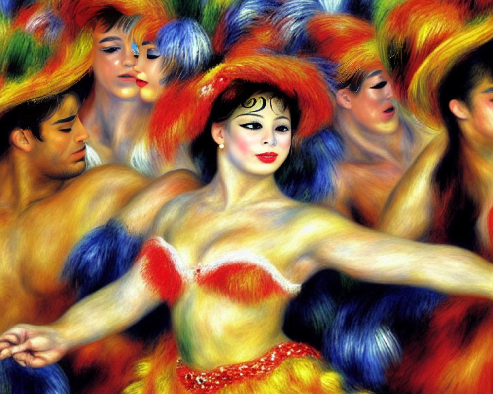 Vibrant painting of a dancing woman in feathered costume with blurred figures.