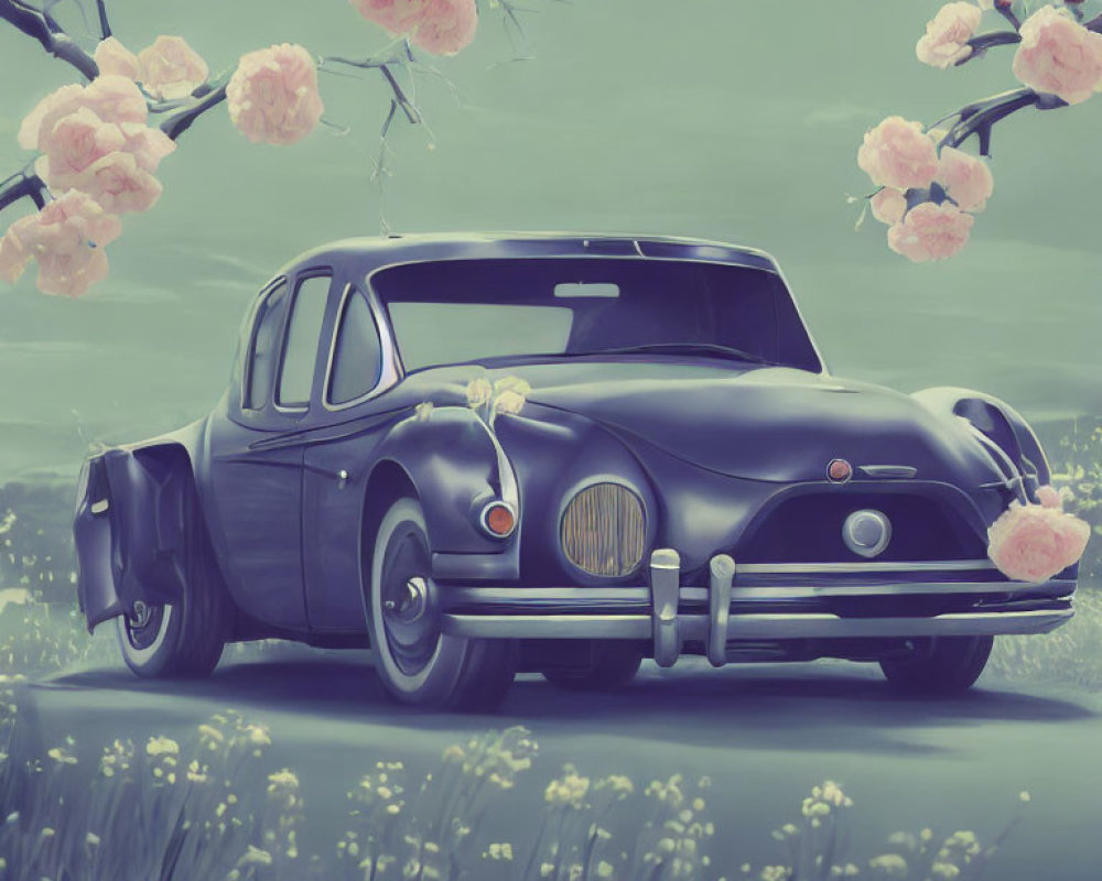 Vintage car adorned with flowers in grassy field under blossoming tree