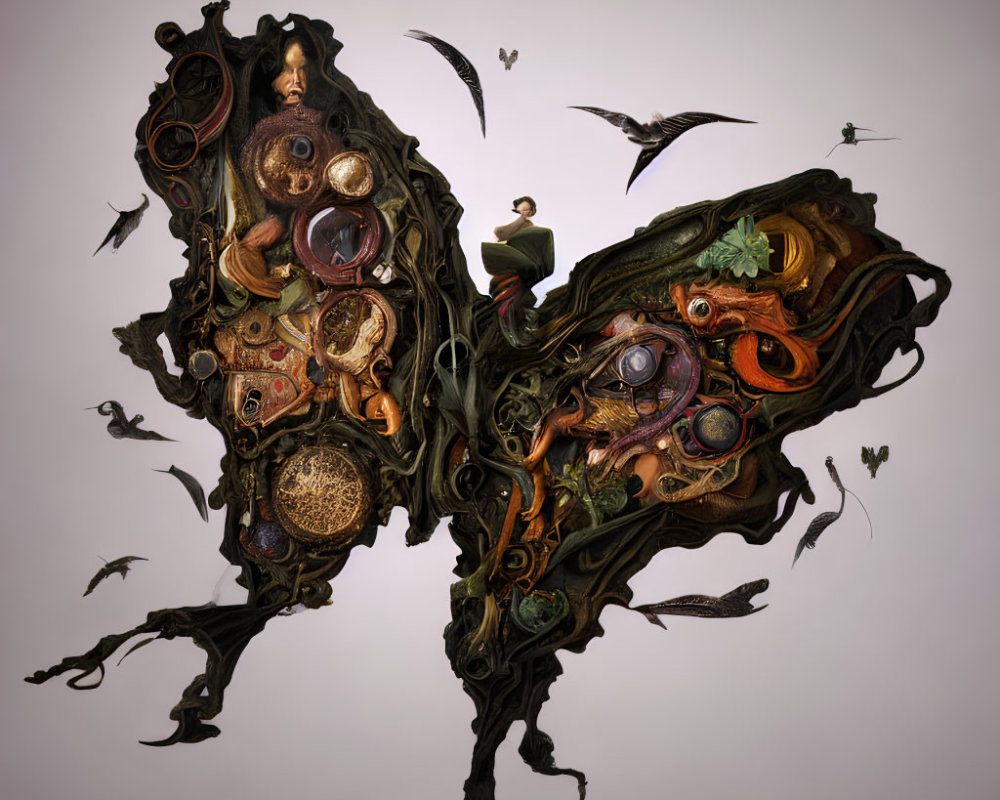 Man standing on surreal butterfly-wing artwork with birds evoking fantasy atmosphere