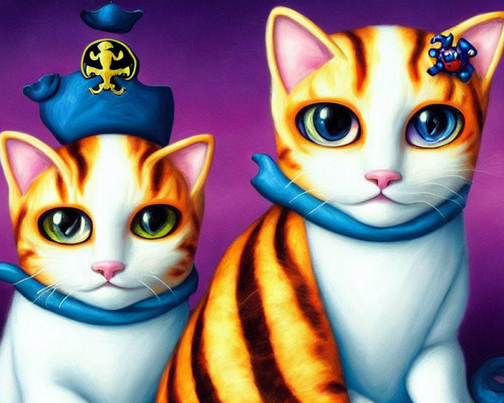 Stylized orange and white striped cats with unique accessories