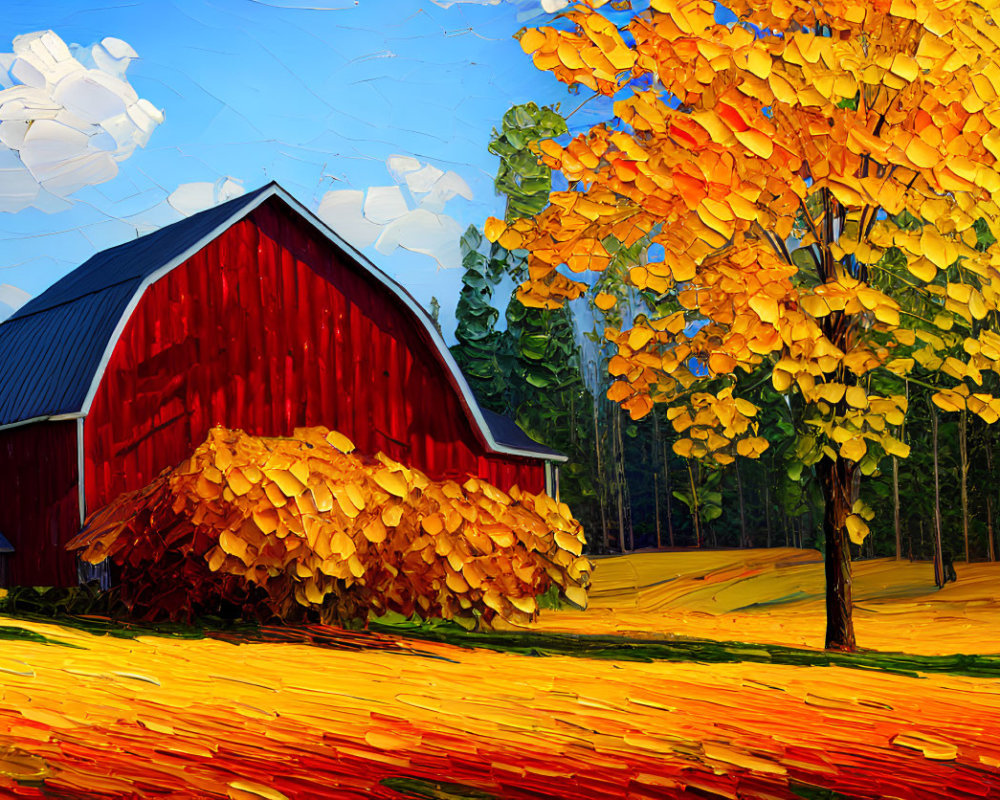 Colorful autumn landscape with red barn and golden trees