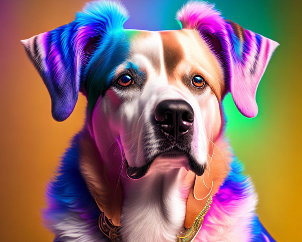 Colorful Dog Digital Artwork with Blue Eyes and Gold Chain on Gradient Background