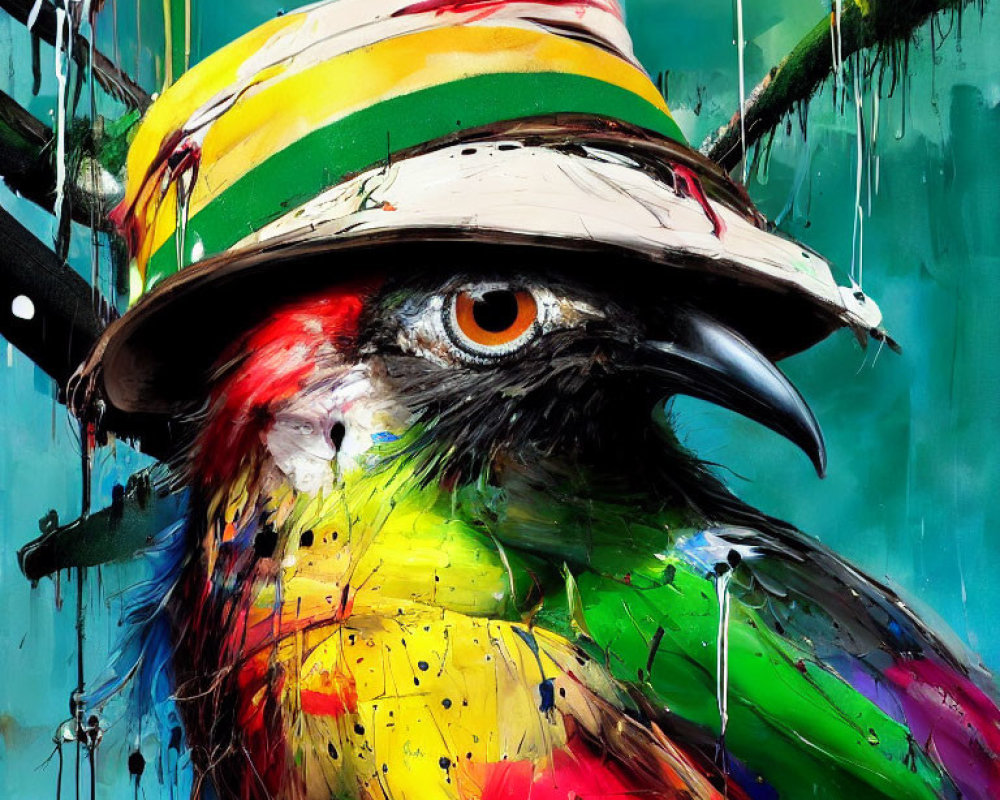 Colorful Bird with Striped Hat in Vibrant Paint Splashes on Teal Background