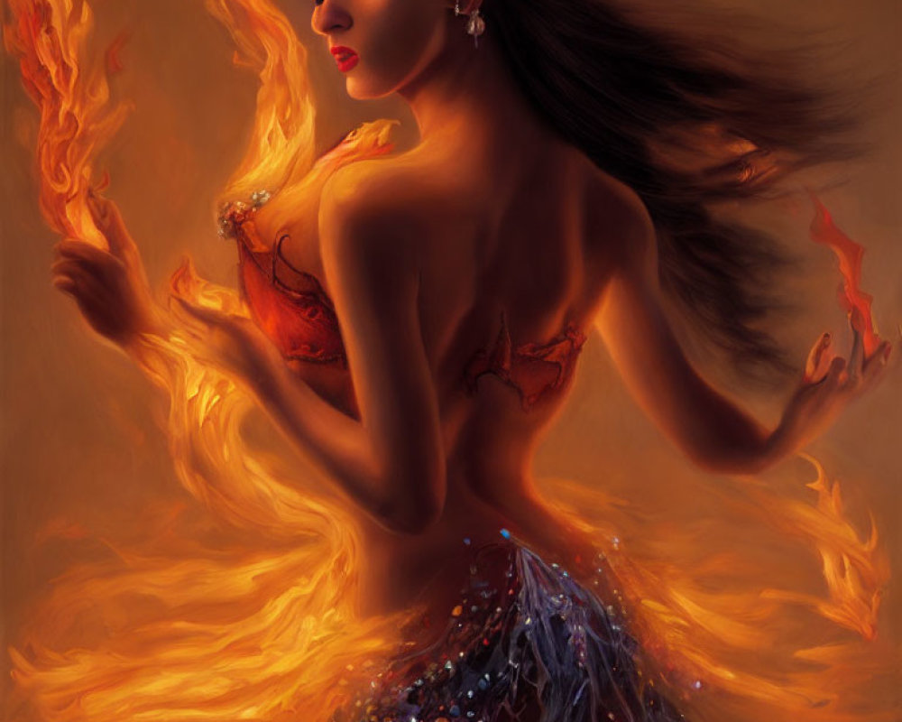 Mystical woman dances with fiery elements and flowing flame-like skirt