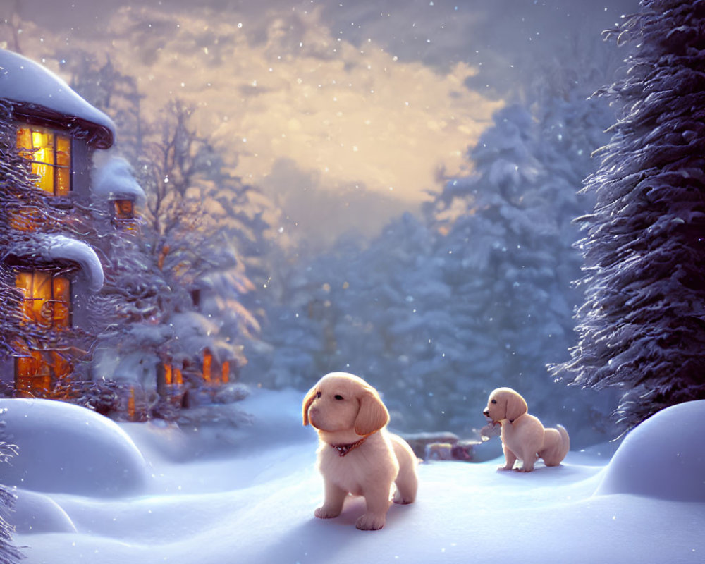 Two puppies in snowy dusk landscape with warmly lit house windows.