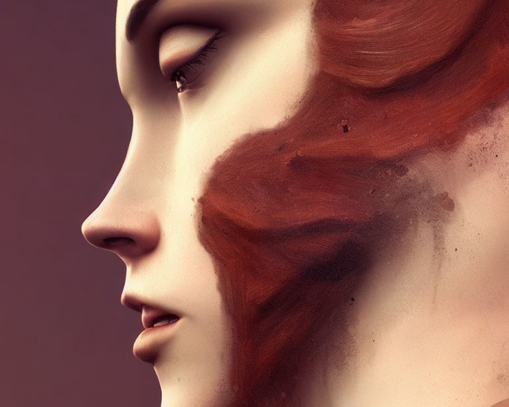 Side-profile digital artwork: Woman with flowing red hair and abstract brushstrokes on mauve background