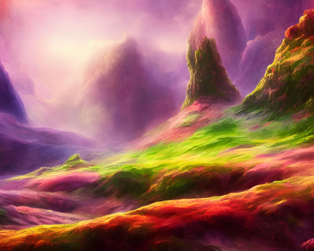 Fantastical landscape with lush green and pink foliage under a purple sky