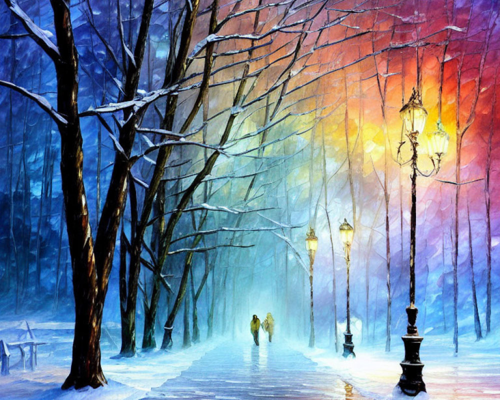 Vibrant winter park painting with snowy path and couple walking