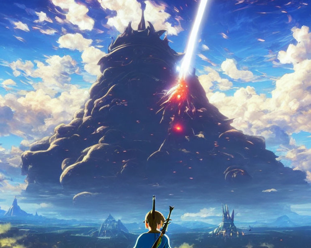 Blue character gazes at vast landscape with towering castle and bright beam.