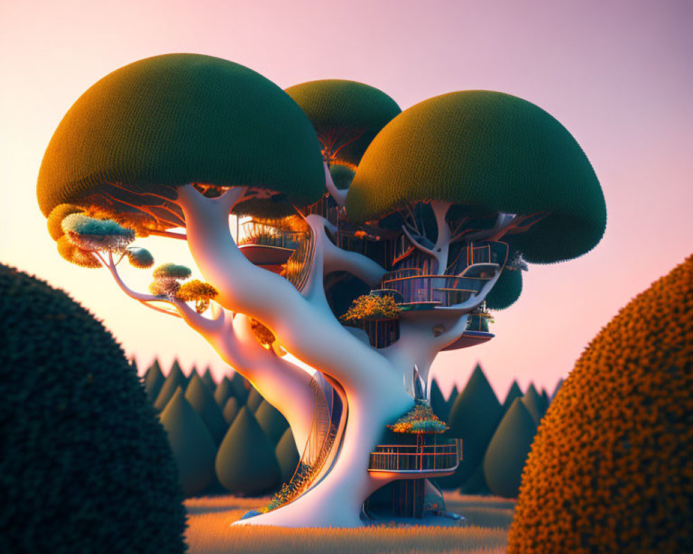 Colorful 3D treehouse with mushroom canopies in fantastical forest