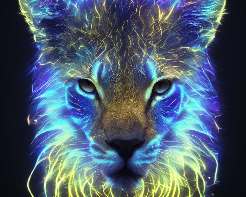 Digitally rendered lion's head with neon fractal patterns for a mystical look