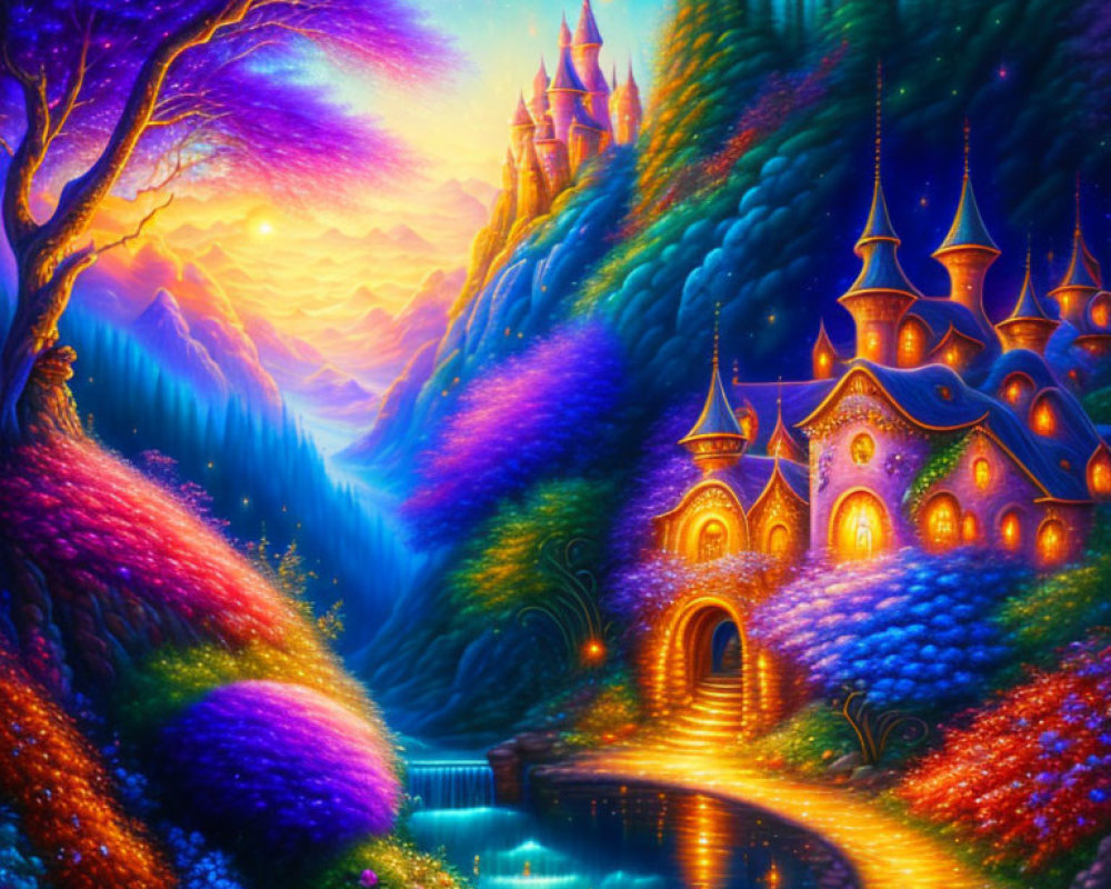 Fantasy landscape with luminous castle, colorful flora, twilight sky, river waterfall