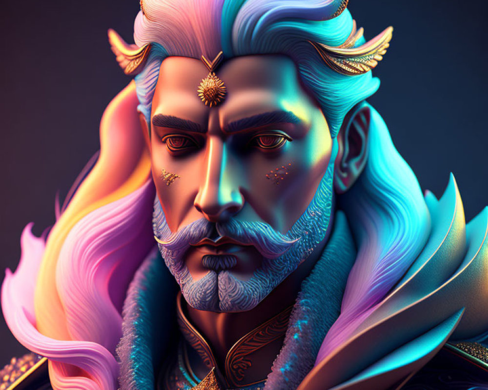 Fantasy male character with white hair and beard in regal blue and gold outfit