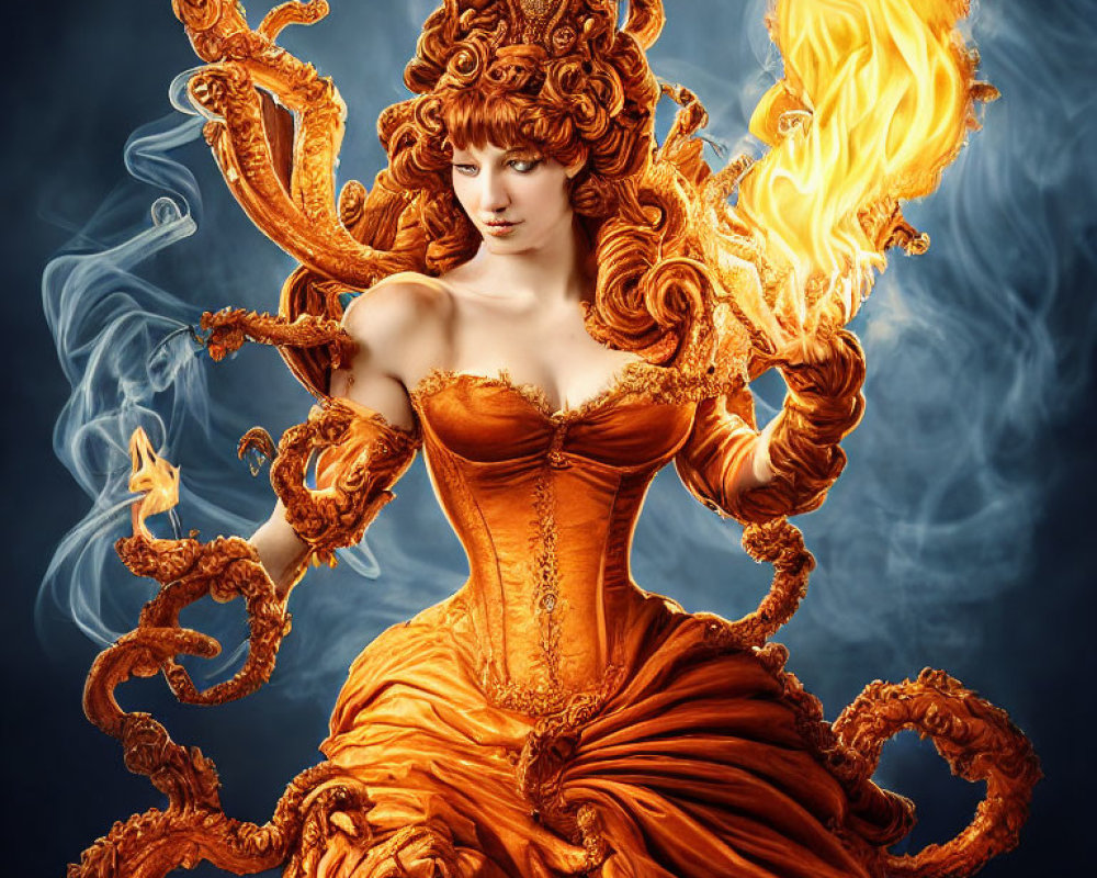 Woman in Orange Flame Dress Holding Fire on Blue Background