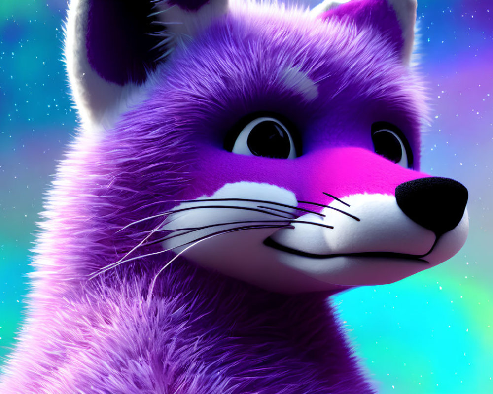 Colorful 3D rendering of purple raccoon in galaxy setting