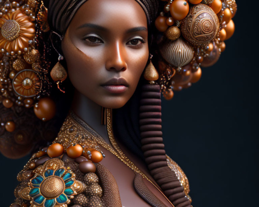 Elaborate bronze jewelry and headwear on woman against dark background