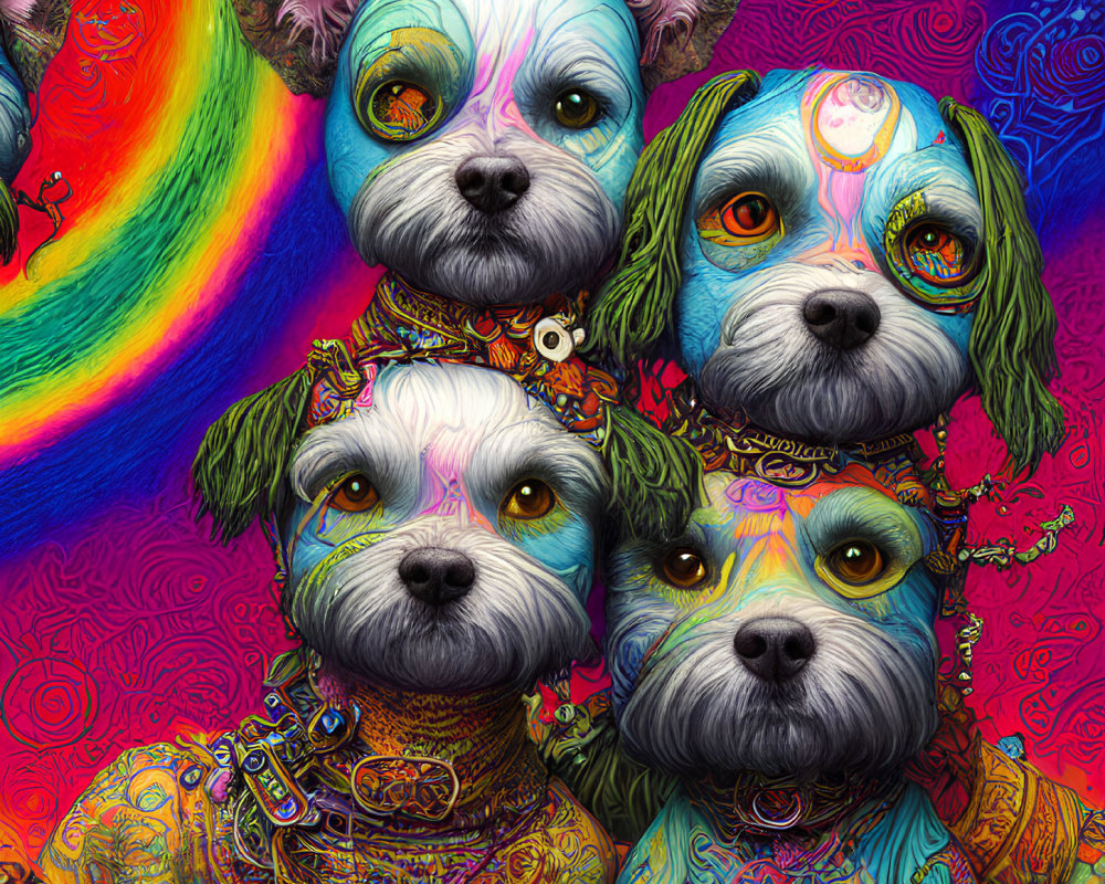 Colorful Illustration of Four Dogs with Psychedelic Patterns