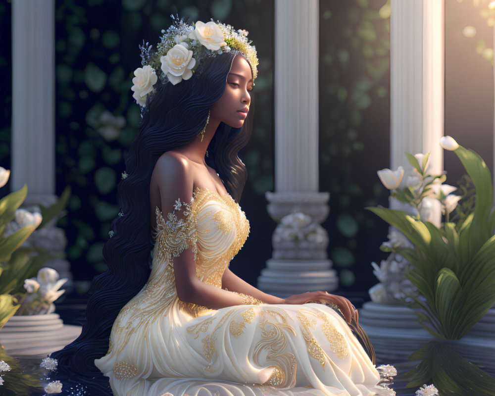 Woman in yellow floral gown with flower crown among white lilies in serene garden setting