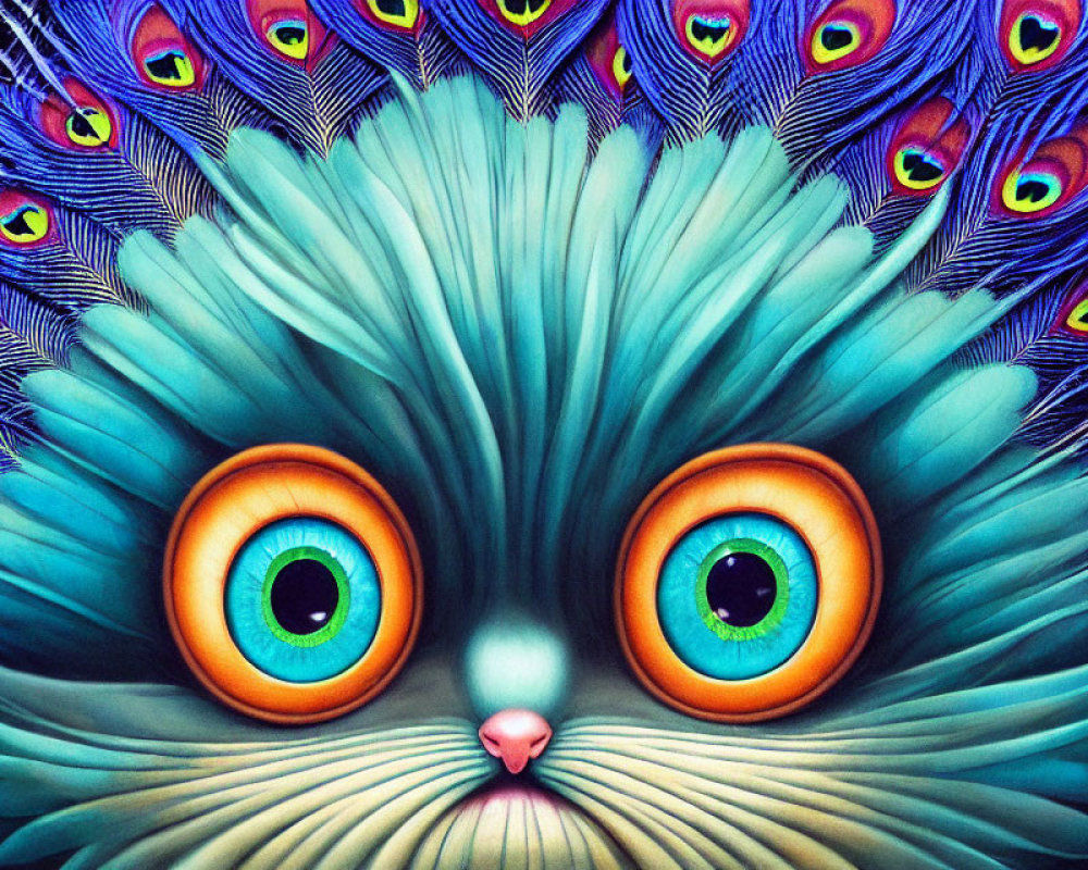 Colorful whimsical cat with large orange and green eyes on peacock feather background