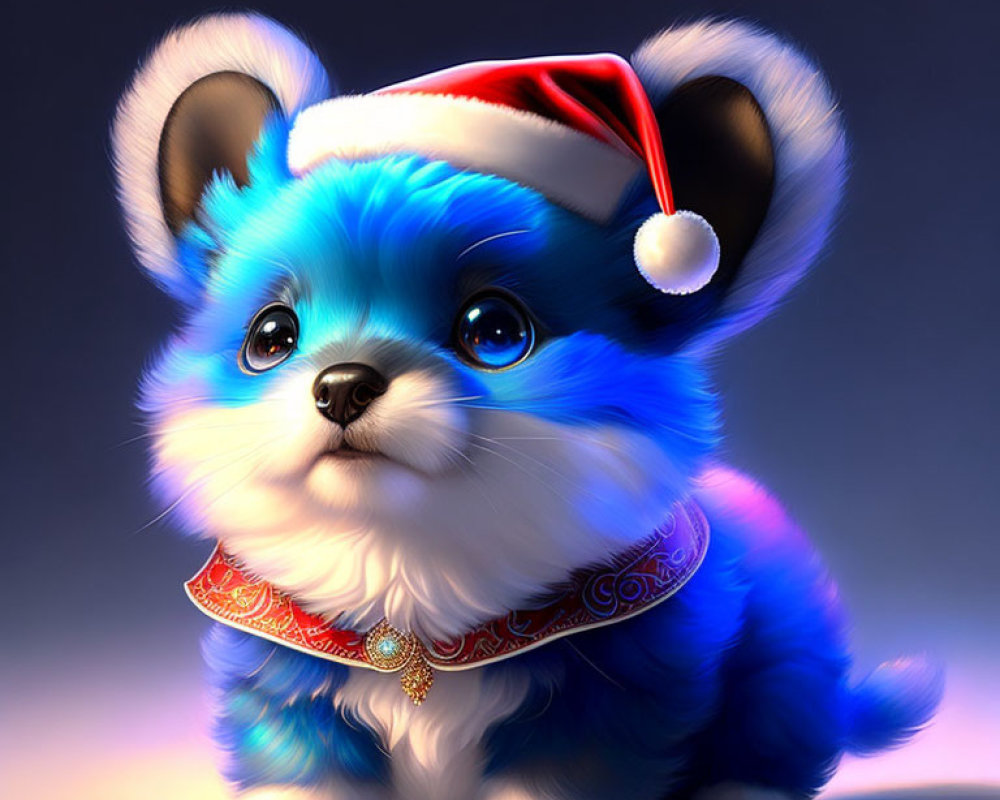 Adorable Blue Puppy in Santa Hat and Collar