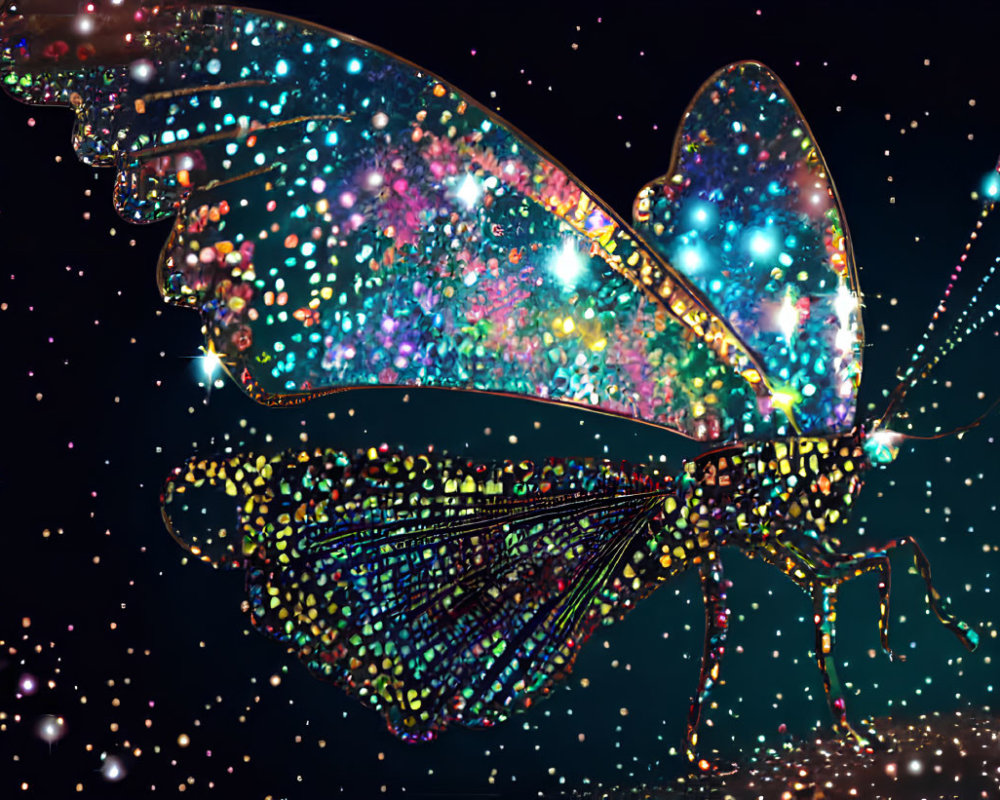 Colorful Butterfly Artwork with Glowing Wings on Starry Background