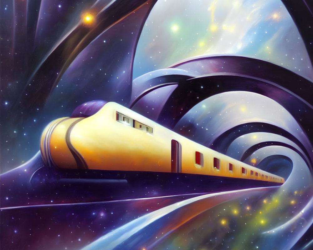 Yellow futuristic train in cosmic landscape with swirling purple and blue hues