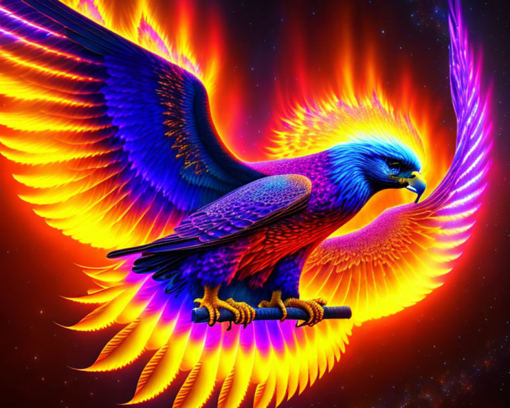 Majestic eagle with fiery wingtips in cosmic artwork