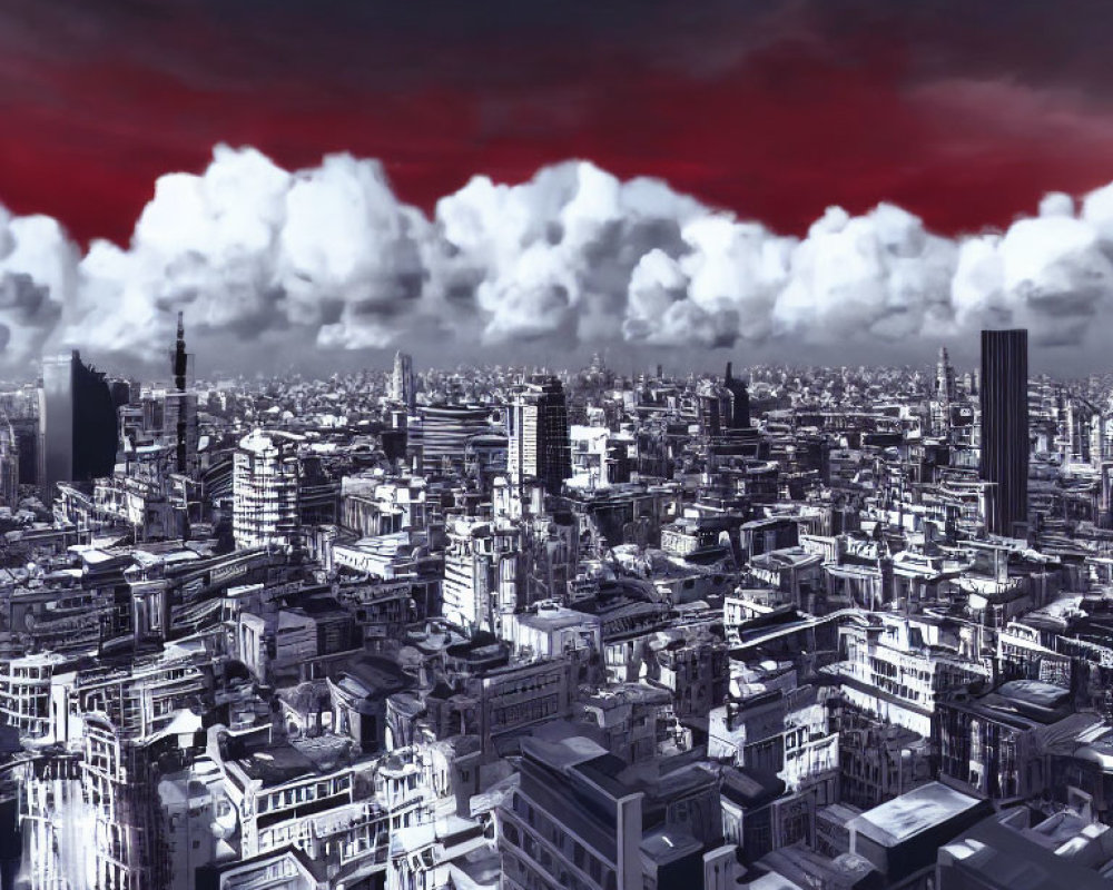 Monochromatic cityscape with red sky above dense urban buildings