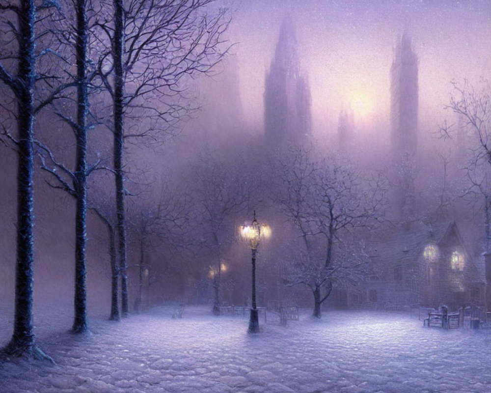 Snowy Dusk Landscape with Street Lamp and Gothic Structure