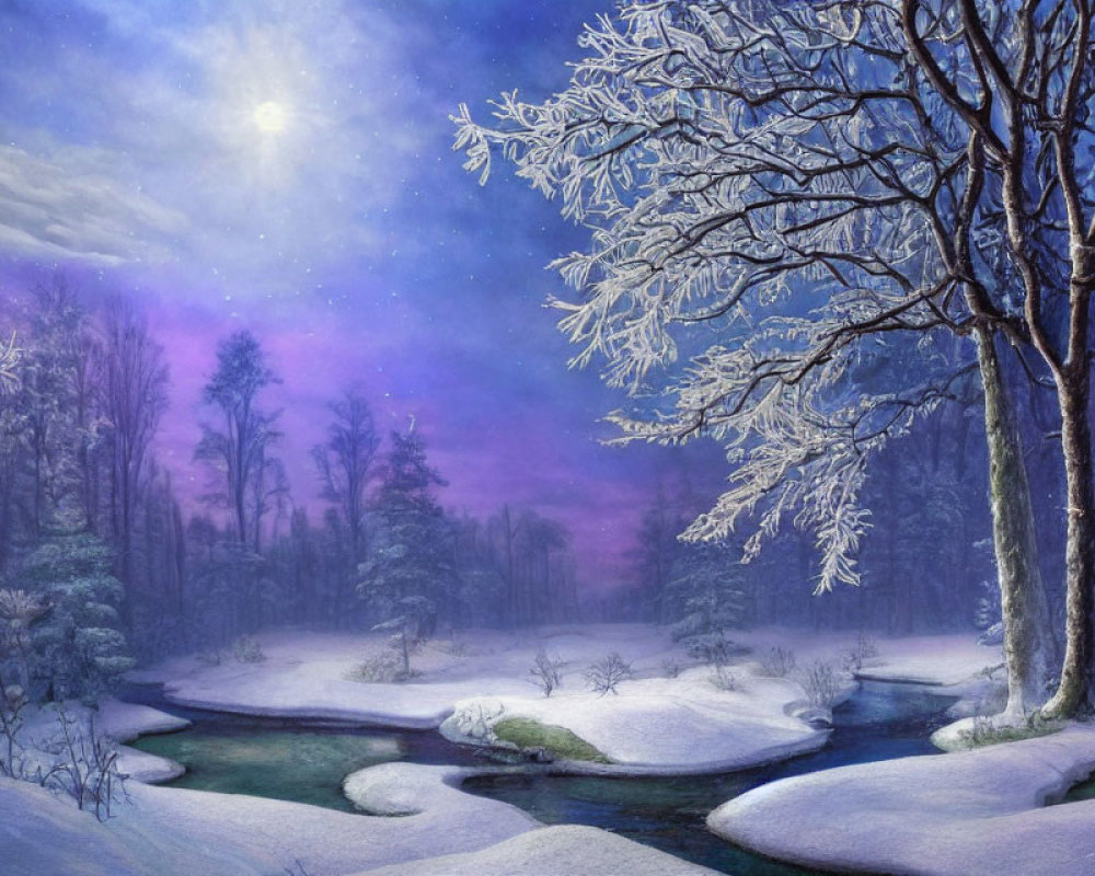 Snow-covered winter night scene with meandering stream, bare tree, starry sky, and purple twilight